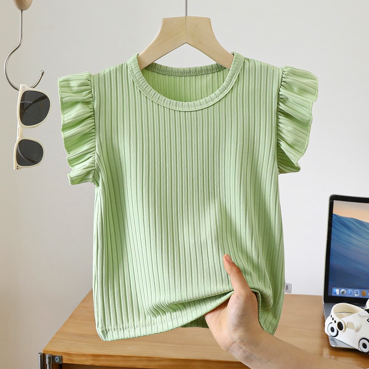 Girls Summer 2025 Ice Silk New Style Baby Little Flying Sleeve Fashionable Solid Color T-Shirt Short Top for Toddler Girls