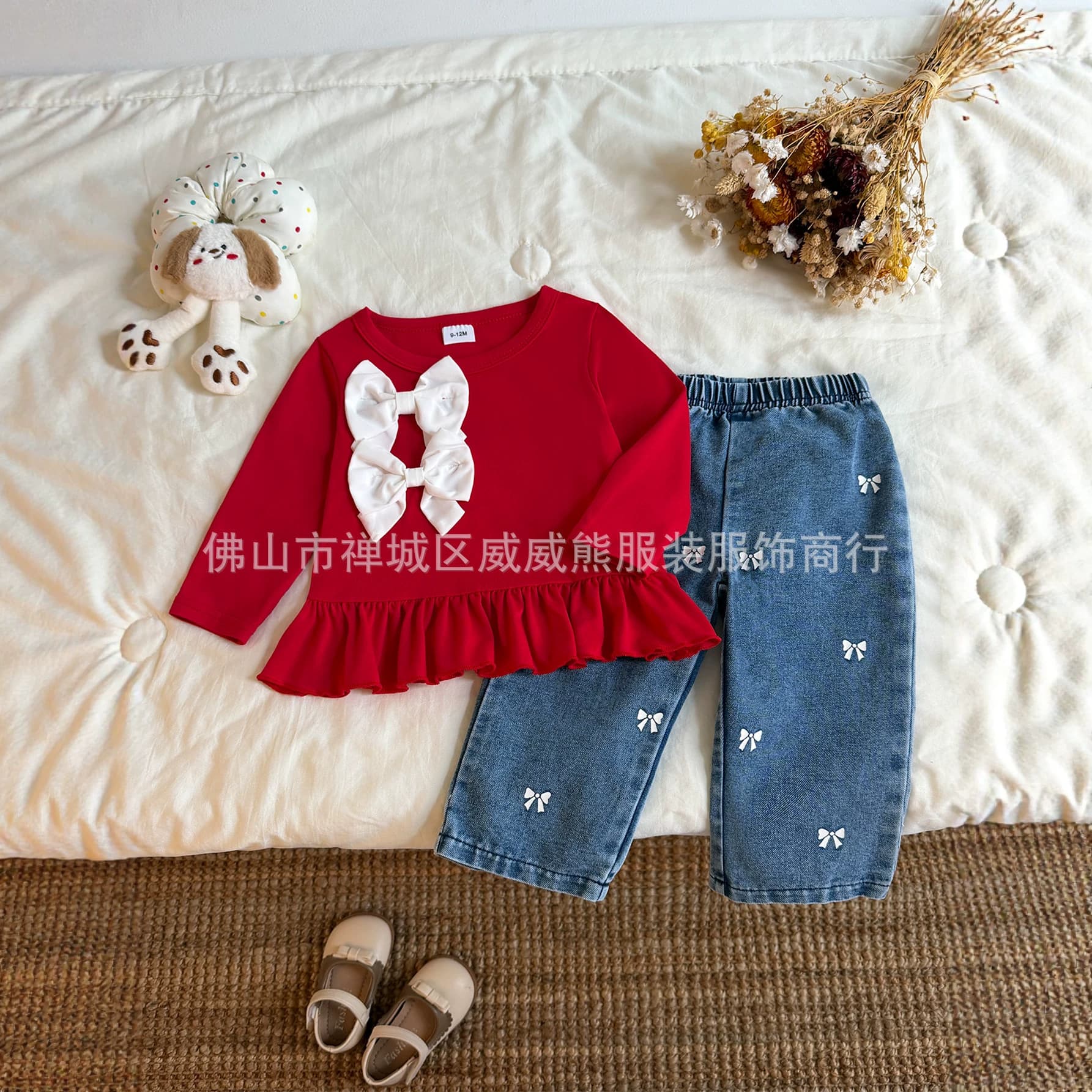 Girls Red Double Bow Long Sleeve Two-piece Set Ruffle Top Embroidered Bow Jeans Set