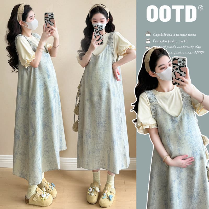 Designed blue tie-dye suspender skirt suit for pregnant women, mid-length summer new style, niche wear, complete summer set