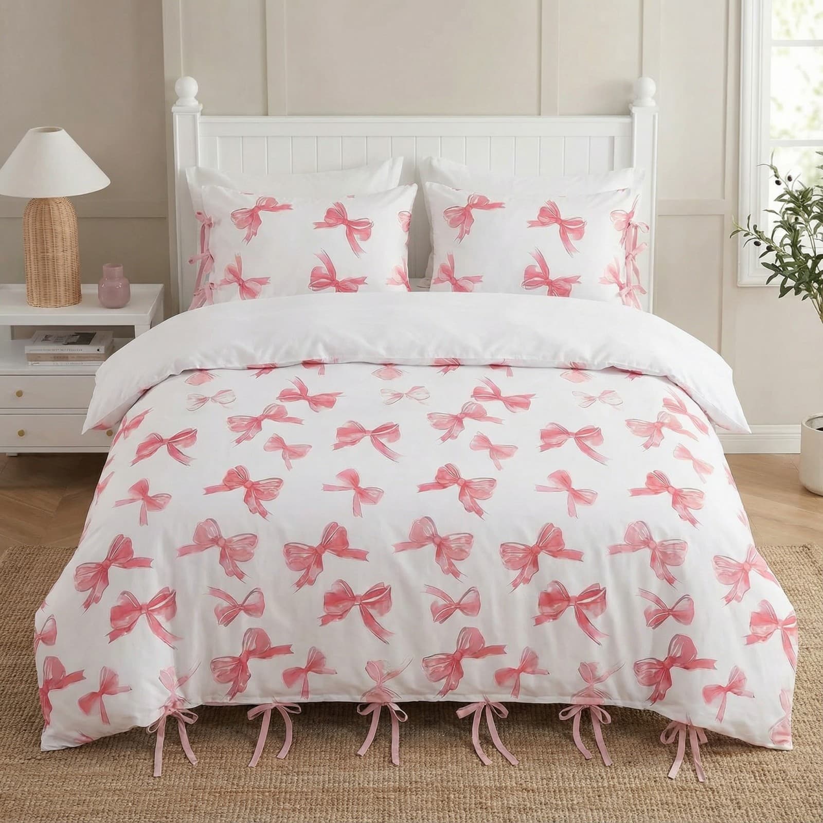 2/3pcs White Background Watercolor Pink Bow Print with Pink Bow Tie Duvet Cover Set