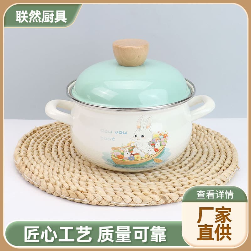 Enamel Pot with Print, Soup Pot, Hot Oil Pot, Double-Handle Lard Jar, Stew Pot, Instant Noodle Pot, Lard Jar with Lid, Suitable for Stove