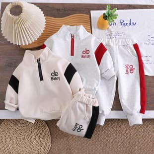 2026 Spring/Autumn New Kids Hoodie Set Color Block Letter Casual Sport Two-Piece Baby Children's Clothing Wholesale