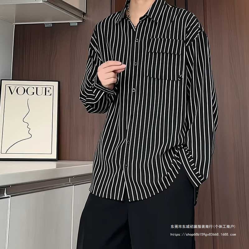 Men's Autumn American Style Black and White Vertical Stripe Shirt, Indifferent Design, Cool and Draped Casual Shirt