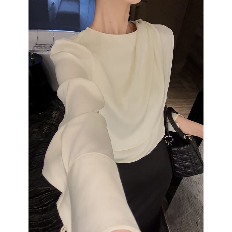 White Blouse Spring Autumn New Fashion Women Top Round Neck Satin Loose Retro Shirt Long Sleeve T-Shirt