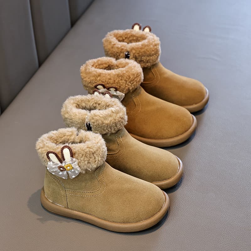Sweet and Stylish Sheer Lace Bow-Decorated Girls' Walking Boots, Warm Little Cotton Boots 2025 Winter Leather Boots