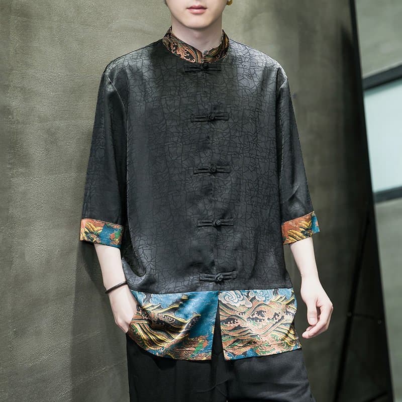 Men's Tang Suit Short Sleeve Summer Lightweight Chinese Style Ice Silk Shirt, Ancient Style Patchwork Zhongshan Suit, Large Size Improved Hanfu