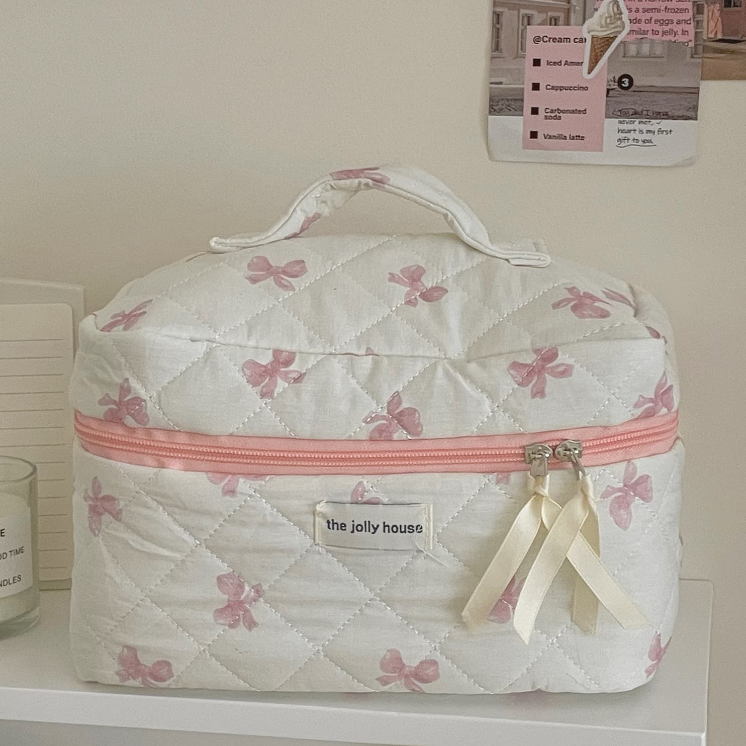 Blue and Pink Satin Bow Cosmetic Bag Toiletry Bag Student Sweet Portable Large Capacity Quilted Storage Bag