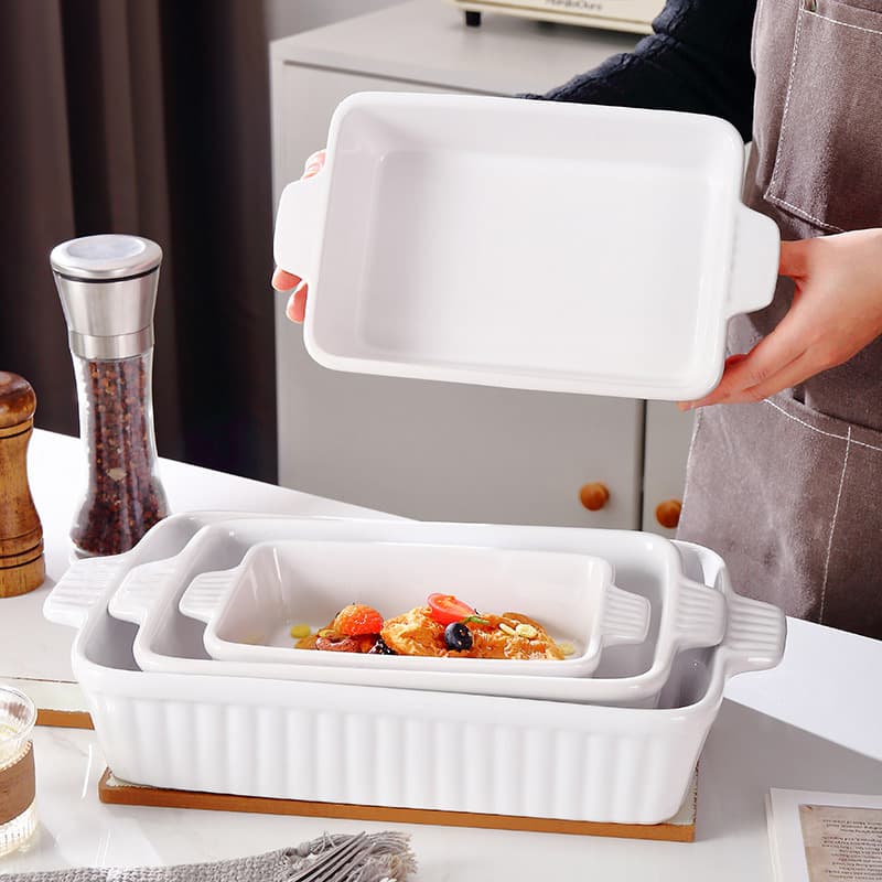 Cross-border Double-Handled Rectangular Striped Baking Pan Wholesale Ceramic Set of Four Creative Baking Pans Large Capacity Oven Microwave Baking