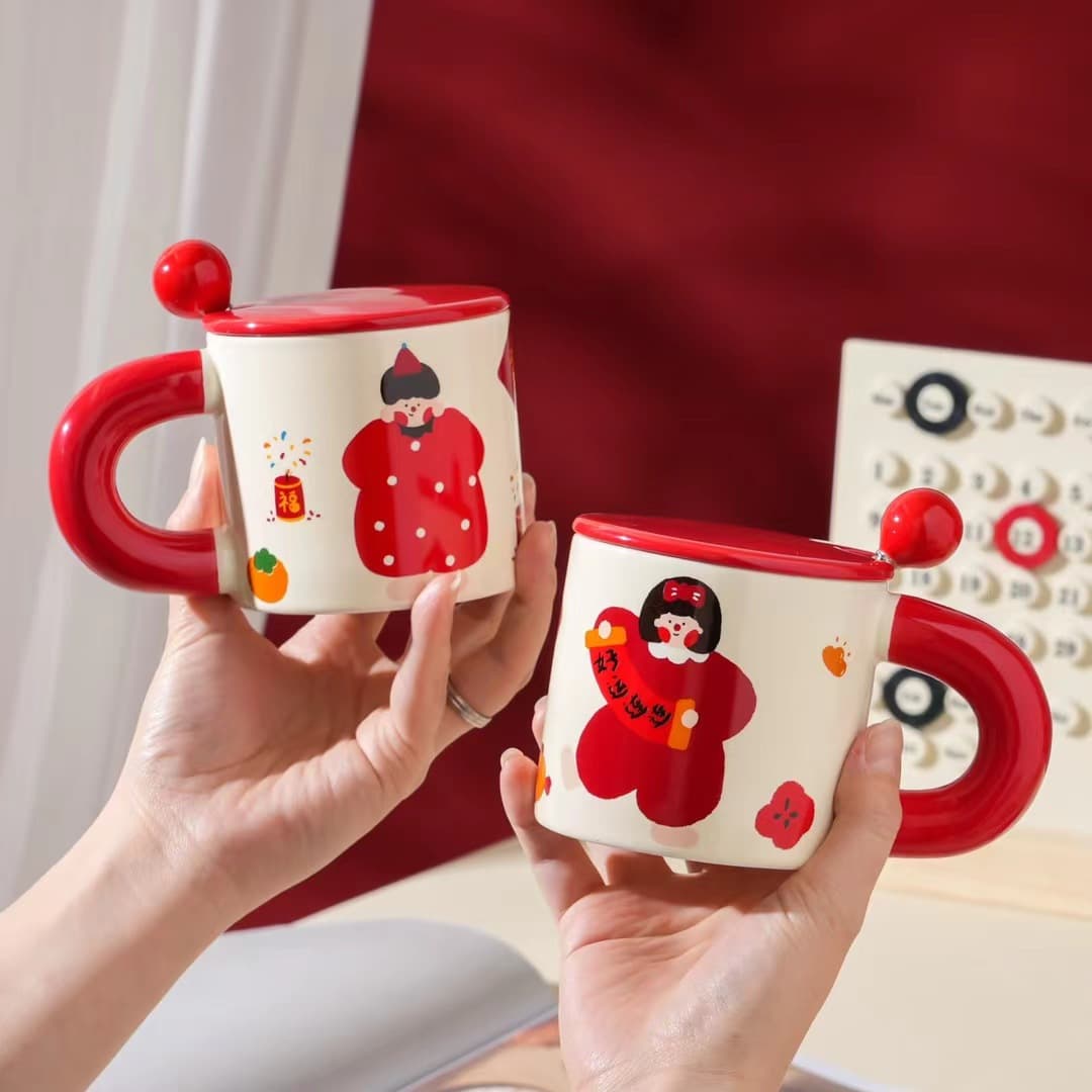 Creative Festive Ceramic Mugs Chinese New Year Cartoon Drinking Cups with Lid And Spoon Gifts for Boys And Girls Coffee Cups