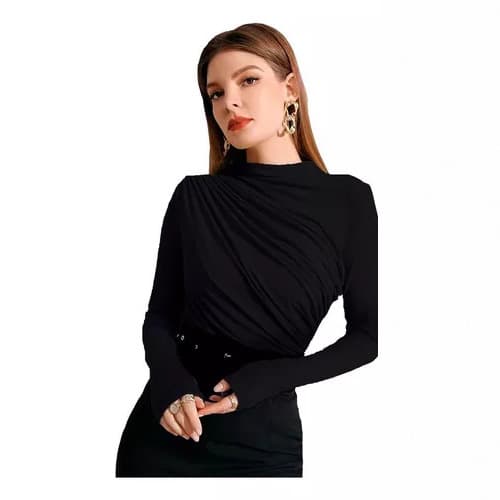 Amazon US/EU Cross-border Fall/Winter Quick-sale Small High Neck Design Pleated Versatile Long-sleeve T-shirt Top