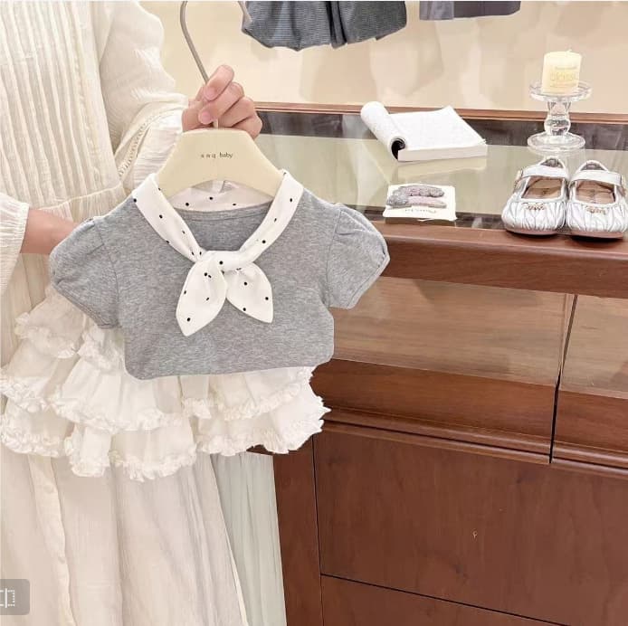 Korean girls summer suit 2026 new children's sweet outfit polka dot lace bubble short-sleeved cake skirt