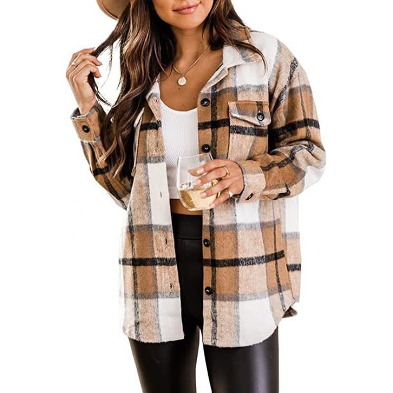 Amazon Wish 2022 European and American Flannel Jacket Casual Plaid Button-Up Long-Sleeve Wool Shirt Women's Coat