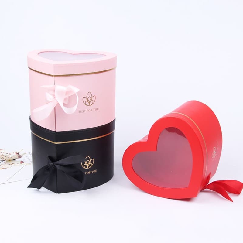 Double-Layer Rotating Chocolate Ferrero Flower Box, Solid Color with Window, PVC Ribbon Hand Bouquet, Valentine's Day Heart-Shaped Gift Box