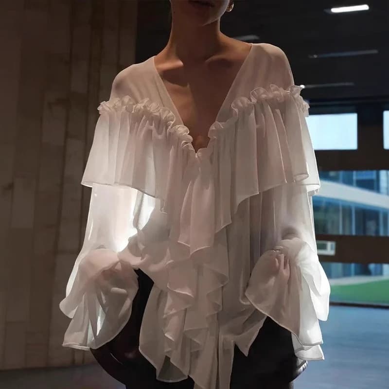 European and American Summer V-Neck Chiffon Top Sexy See-Through Beach Cover-Up Long Sleeve Ruffle Blouse Sexy Hot Girl