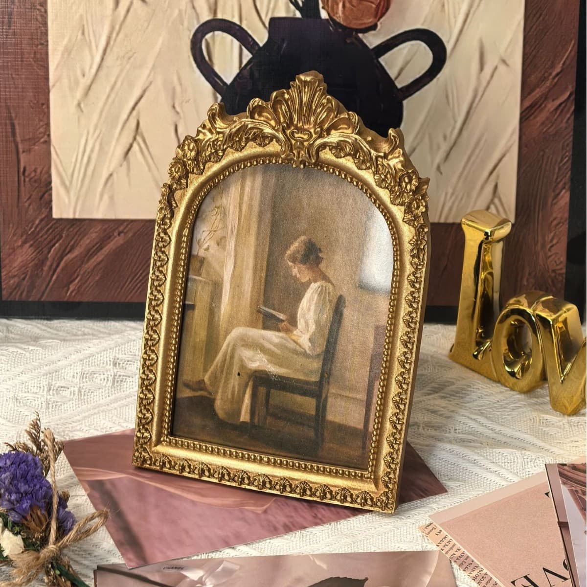 European Arch Display Photo Frame Gift Home Decor Wall-Mounted or Tabletop Gold Frame Vintage Photo Wedding