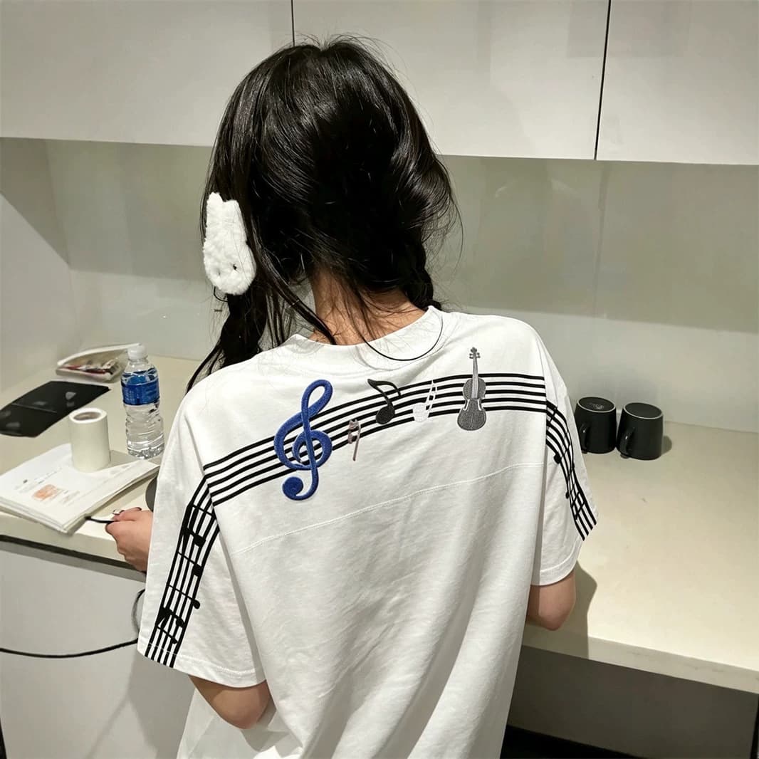 American Retro Musical Notes Embroidered Short Sleeve T-Shirt for Men and Women, Summer Cotton Loose Fit Couple Top
