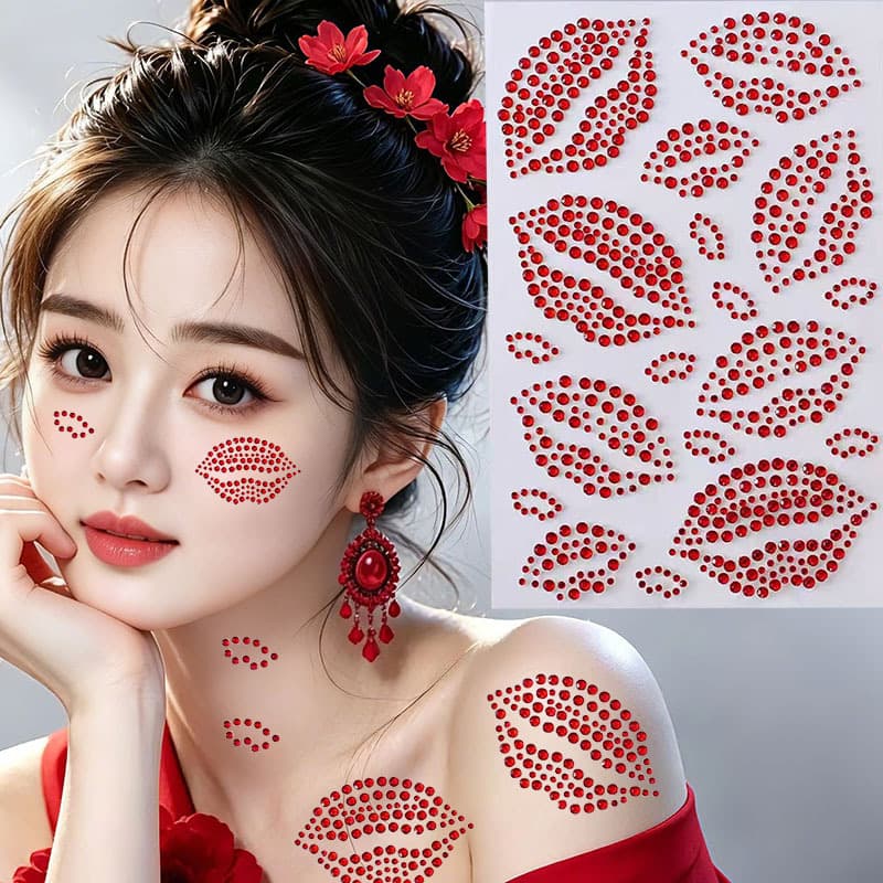 Baddie Red Lip Print Rhinestone Face Sticker Makeup Decoration Sweetheart Look Photoshoot Atmosphere Sexy Red Lips Glitter Rhinestones