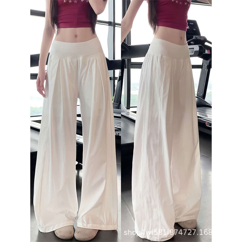 White quick-drying sports pants for women in summer, thin, loose, lazy style, wide-leg pants, high-waisted, pear-shaped pants for small people