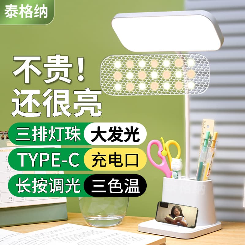 TYPE-C Charging/Plug-in Desk Lamp with Pen Holder for College Students and Children's Dorm, LED Eye-Caring Study Reading Light