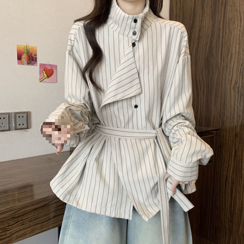Women's stand-up collar striped long-sleeved shirt, new autumn style, plus size, slimming design, tie-waist top.