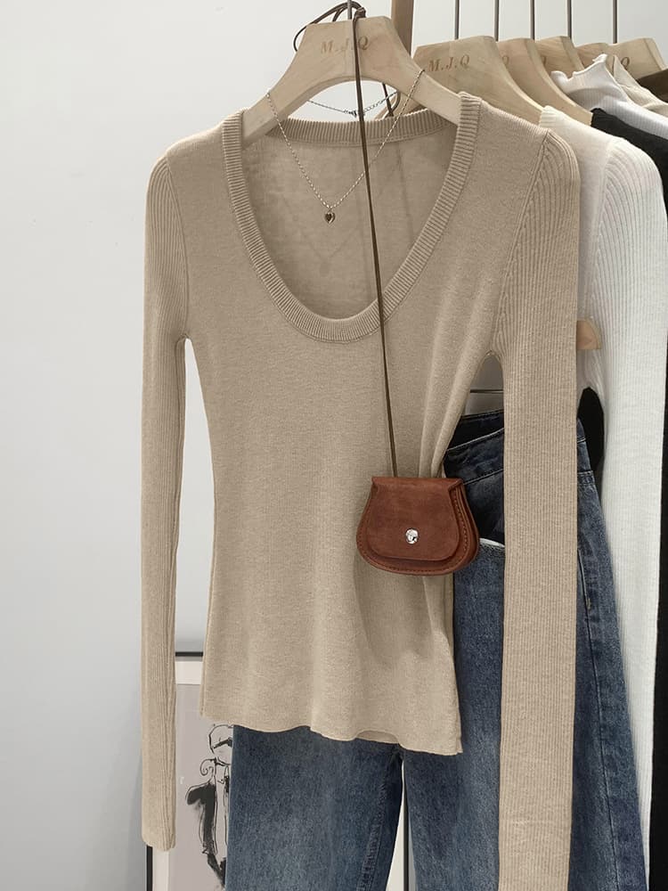 U-collar shoulder long-sleeved T-shirt women's autumn 2023 new slim-fit slimming knitted bottoming shirt solid color inner top