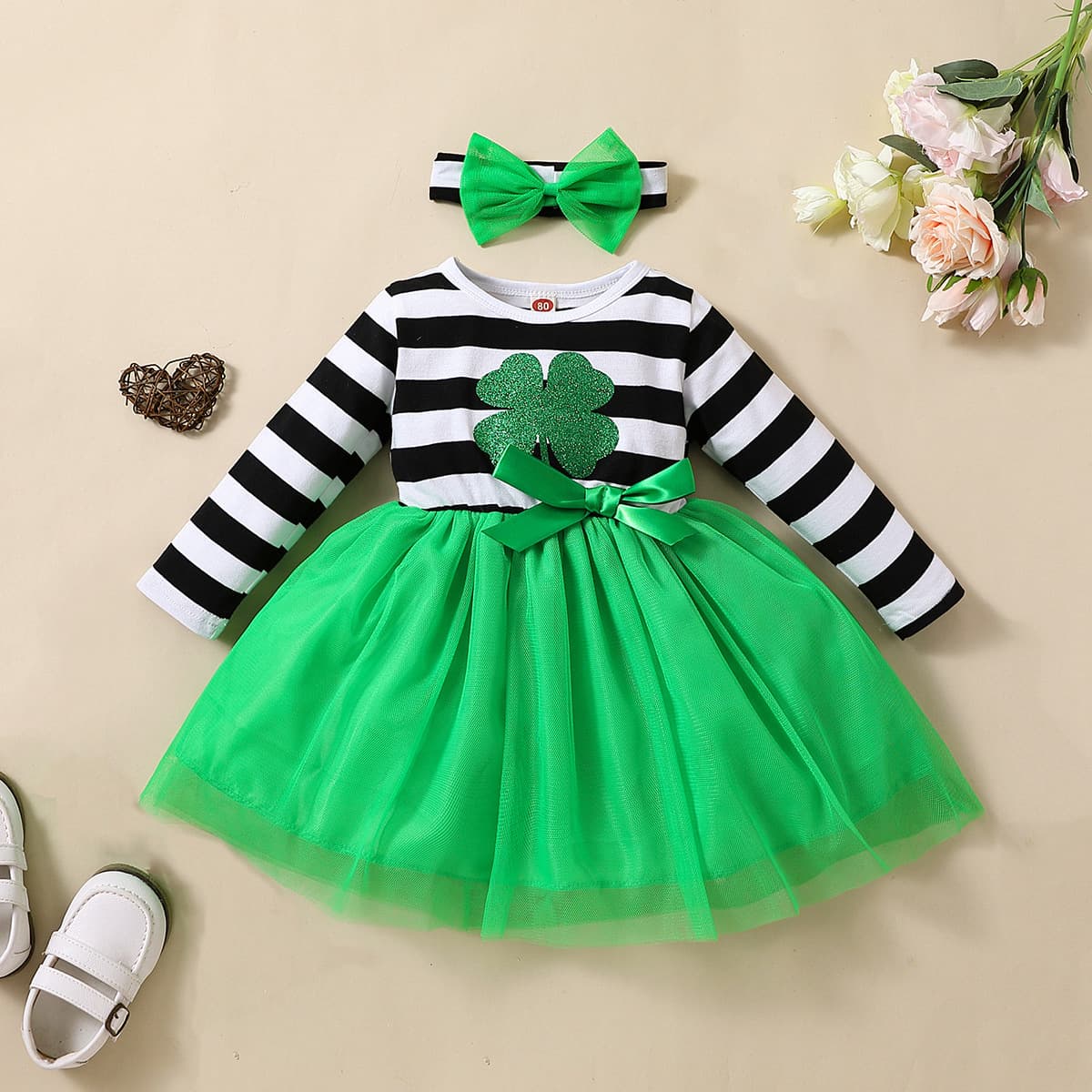 Girls' autumn dress spring and autumn long sleeve stripe clover tulle spliced skirt children's wholesale princess dress