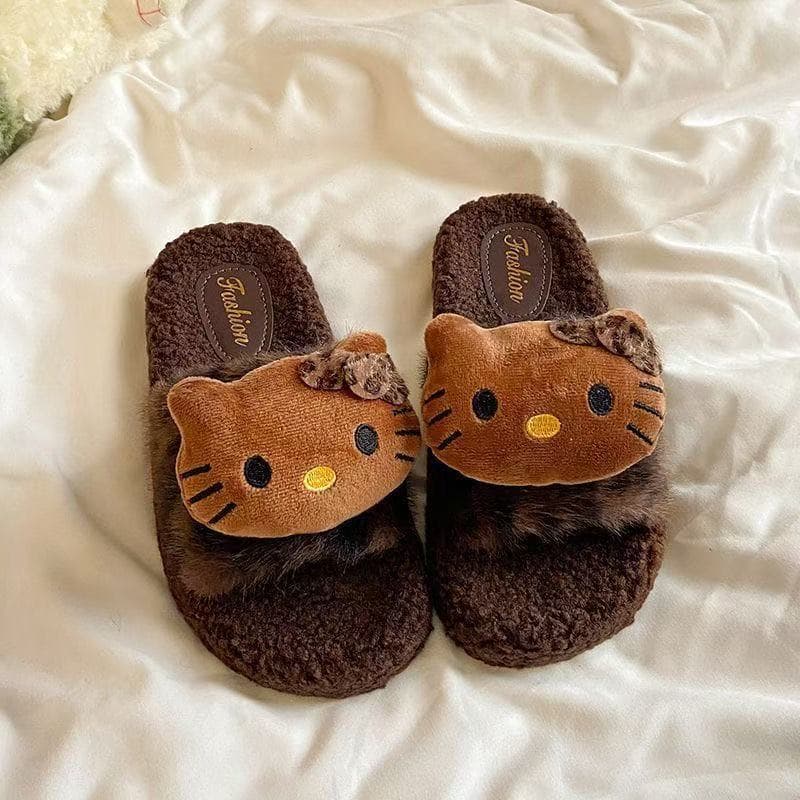 Hello Kitty Fuzzy Slippers, Thick Sole, Outdoor, Non-Slip, New Style, Indoor Home Warm, Cartoon Cotton Slippers, Women's Cute