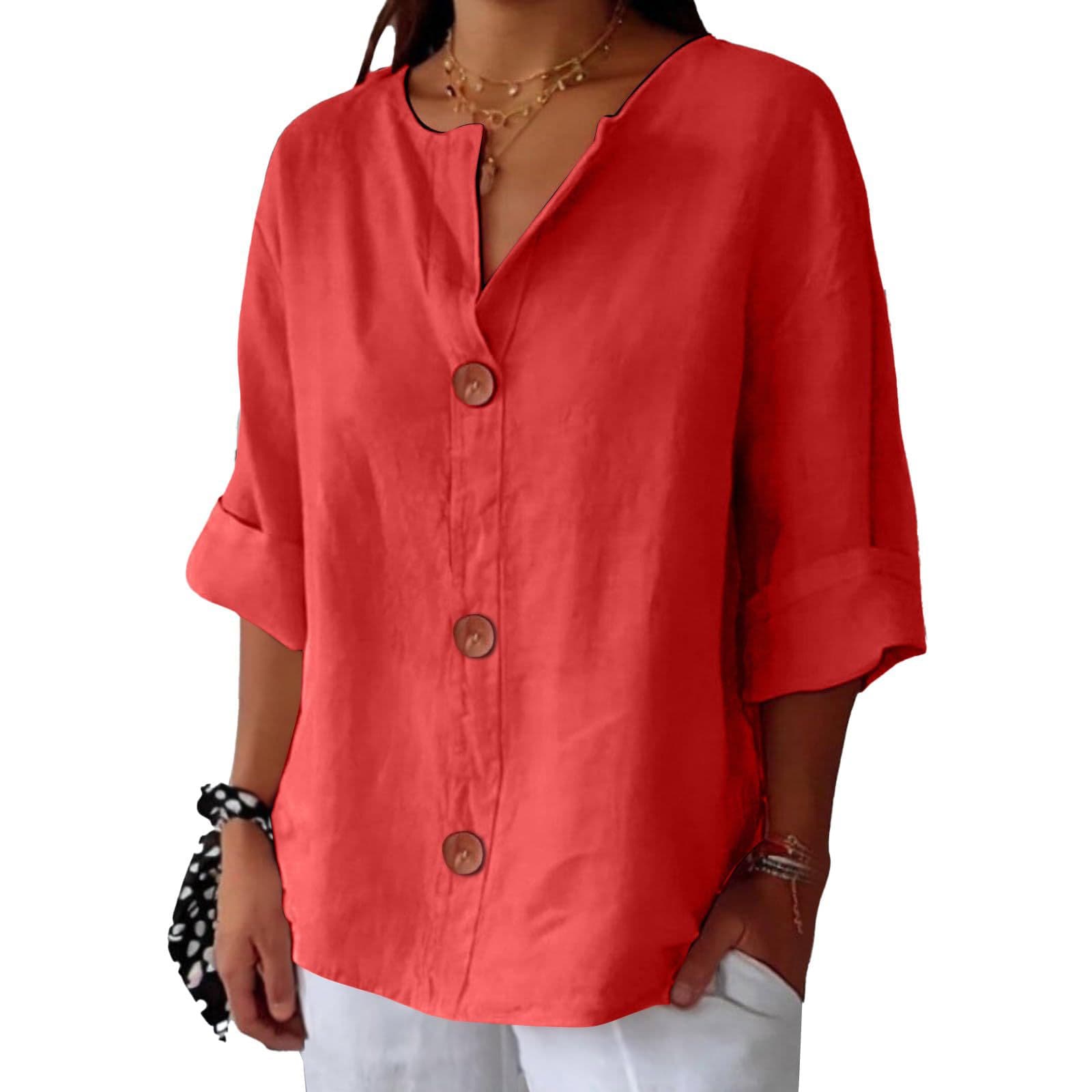 2026 Spring/Summer New Arrival Amazon Cross-border European and American Style Loose T-Shirt for Women V-Neck Cotton Linen Button Top