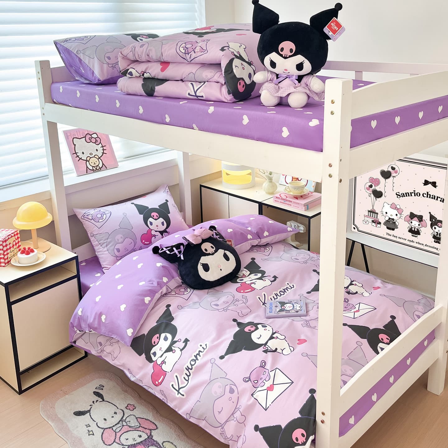 Sanrio pure cotton girl's printed three-piece bunk bed student dormitory single bed children's four-piece pure cotton set