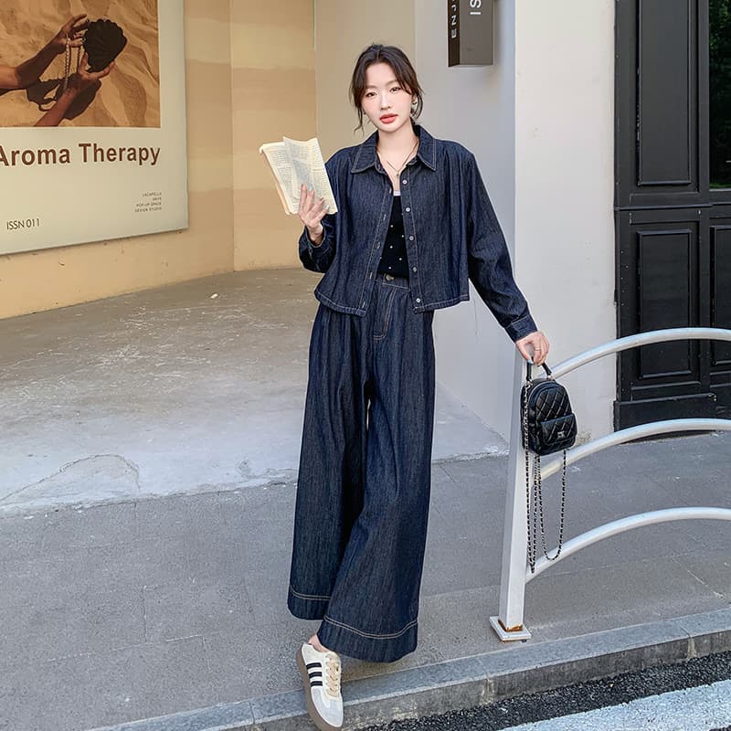 Hong Kong style retro temperament denim suit for women 2025 spring and autumn new slim top casual wide leg pants two-piece set