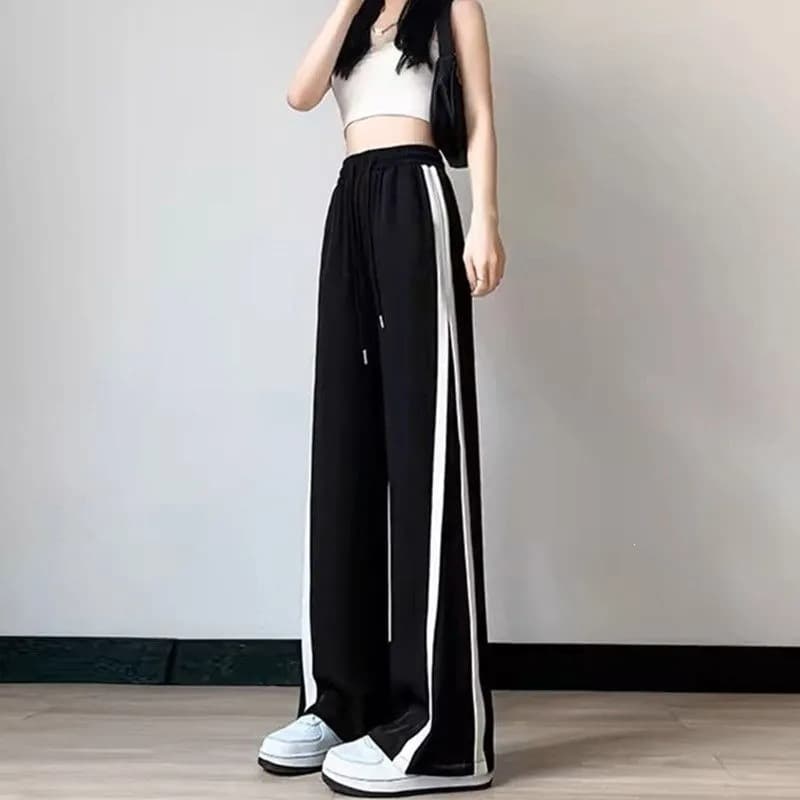 Women's Summer Thin High-Waist Straight Wide-Leg Pants, Loose Fit, Petite-Friendly, Ice Silk Split Stripe Casual Sweatpants