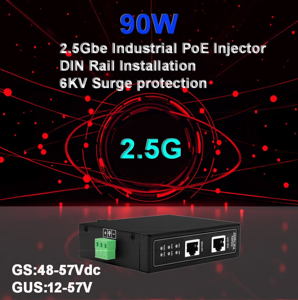 2.5G Industrial POE Injector 90W, 6KV Surge Protection, 12/48V