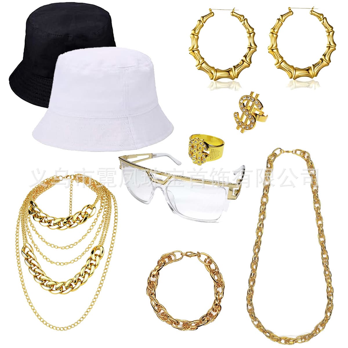 8090s Retro Hip Hop Accessory Set, Bucket Hat, Bamboo Joint Earrings, Dollar Ring, Thick Chain Necklace, Sunglasses Set