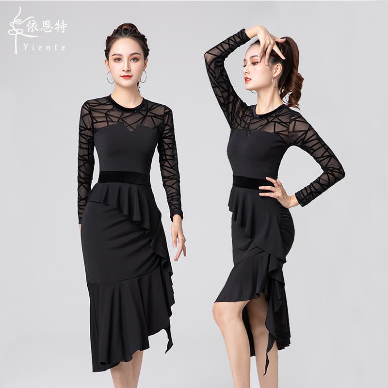 Latin dance performance costume, 2025 new style, women's adult autumn and winter dance dress, long sleeve, competition and practice dance costume.