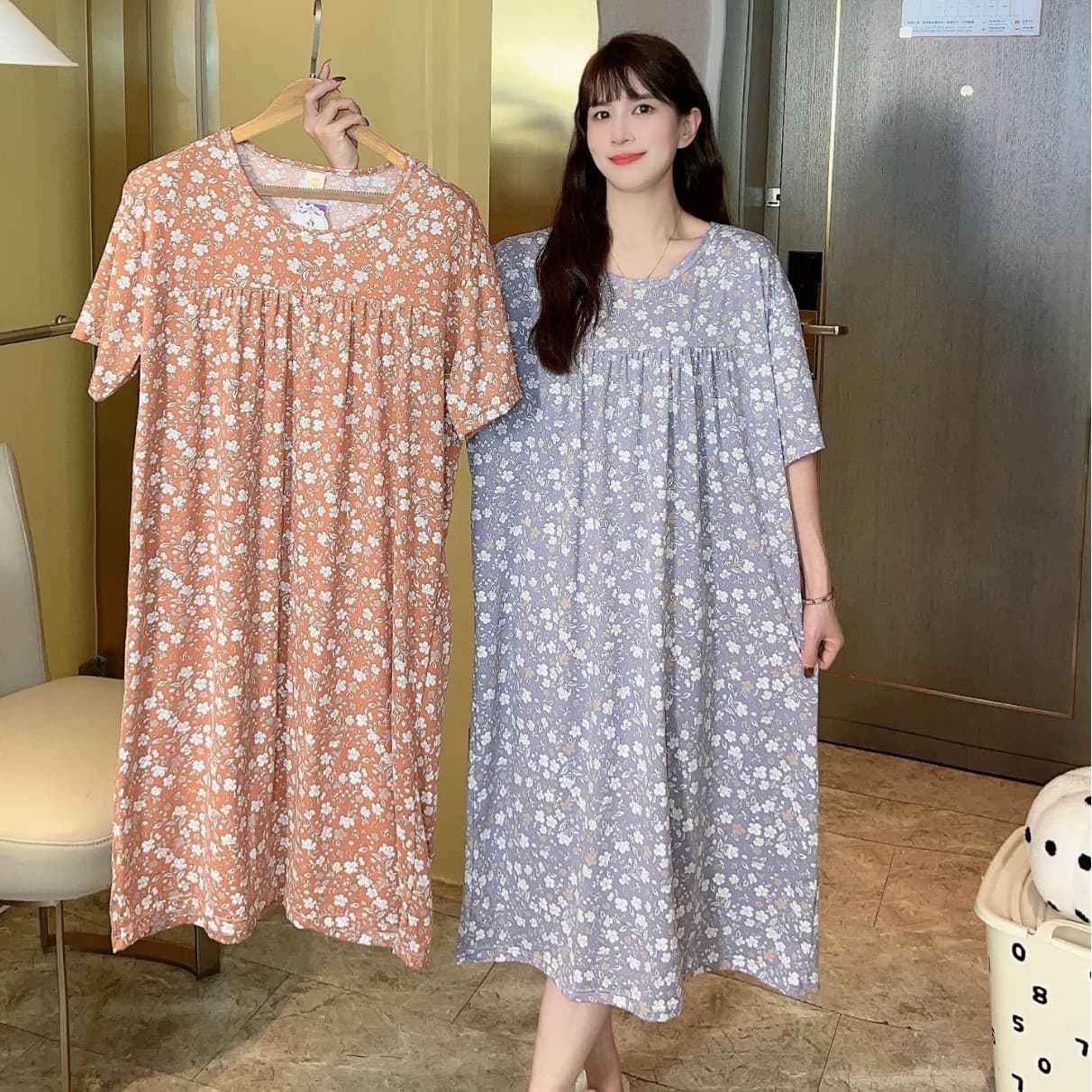 Women's Summer Nightgown, Round Neck, Soft Cotton, Short Sleeve, Multiple Floral Patterns, Thin Loose Fit Floral Dress