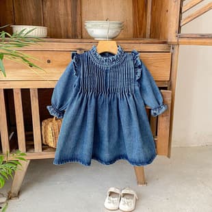 Korean Style Ins Pleated Lace Denim Dress, New Spring/Autumn Children's Girl Denim Versatile Skirt