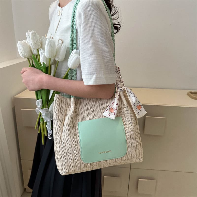 2026 Summer Hot Straw Woven Bag Women Sweet Large Capacity Tote Shoulder Bag Fresh Handbag