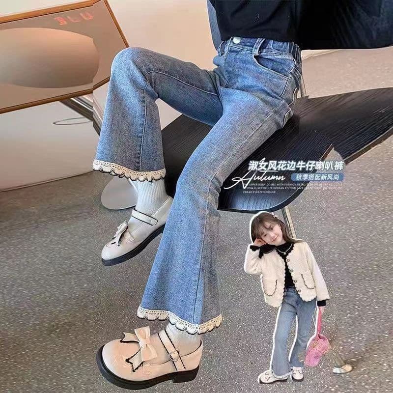 2025 Spring Autumn New Girls Jeans Trendy Slim Flared Pants Lace Trim Soft Children Long Pants