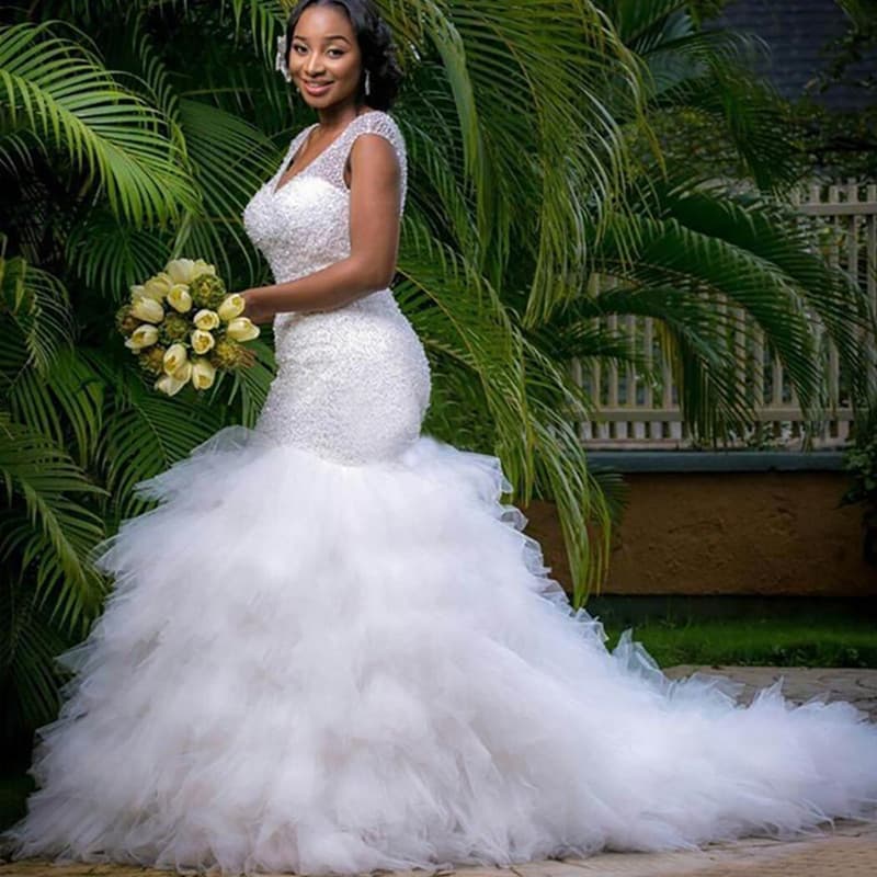 Light Luxury Beaded Bridal Wedding Dress V-neck Beaded Fishtail Skirt White Ruffled Mesh Trailing Wedding Dress