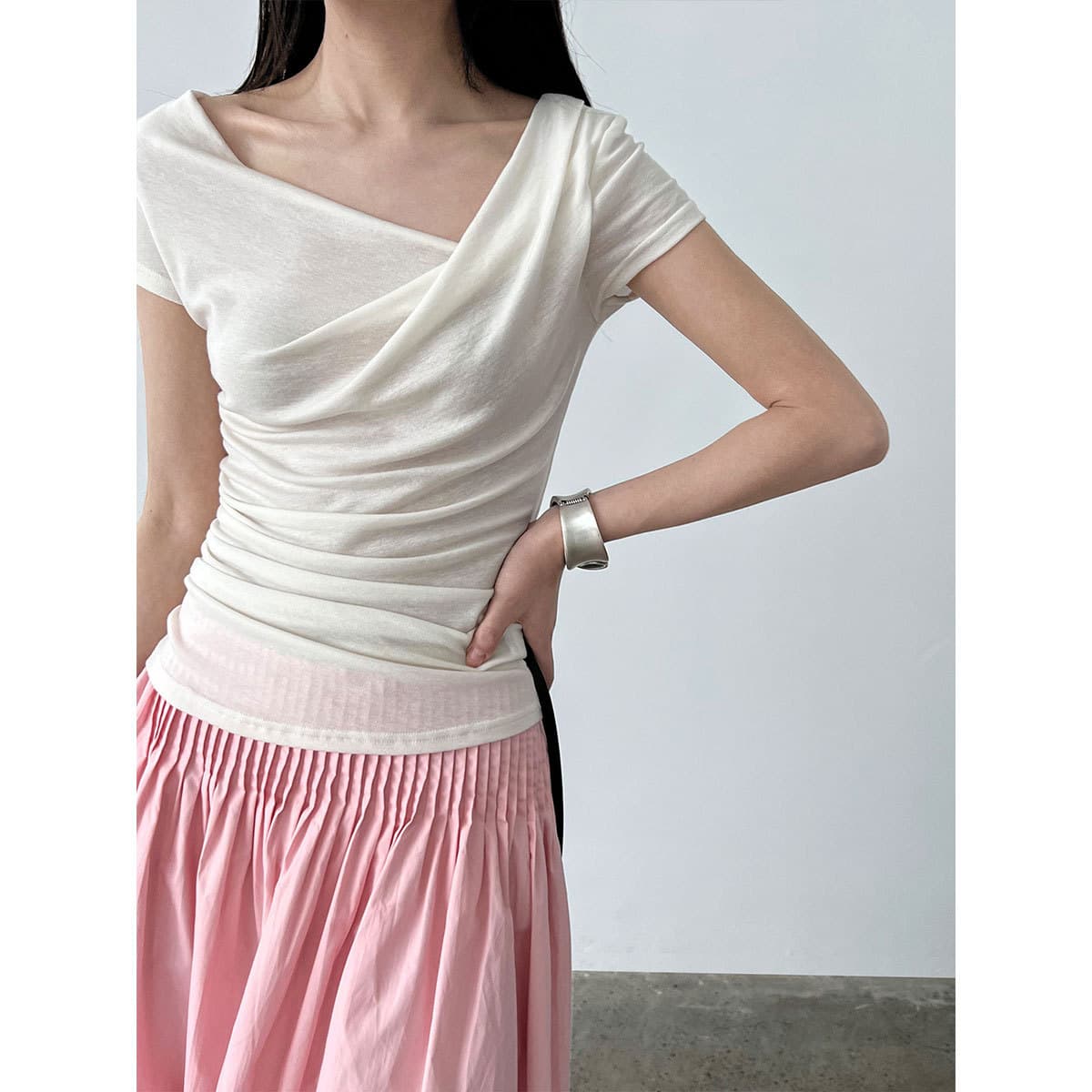 Luxi French style sloping collar short-sleeved T-shirt for women summer silk wool soft and waxy light slim slimming top 2699