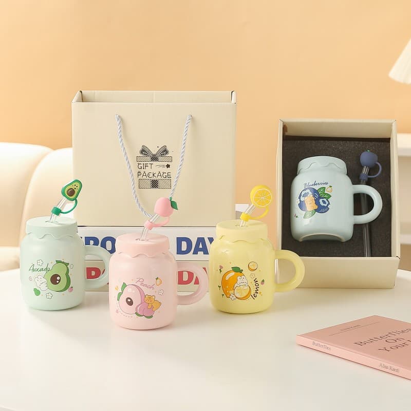 Amazon High-Appearance Fruit Cup Ceramic Water Cup with Lid Mug Coffee Cup Gift Box Set Cup Companion Gift