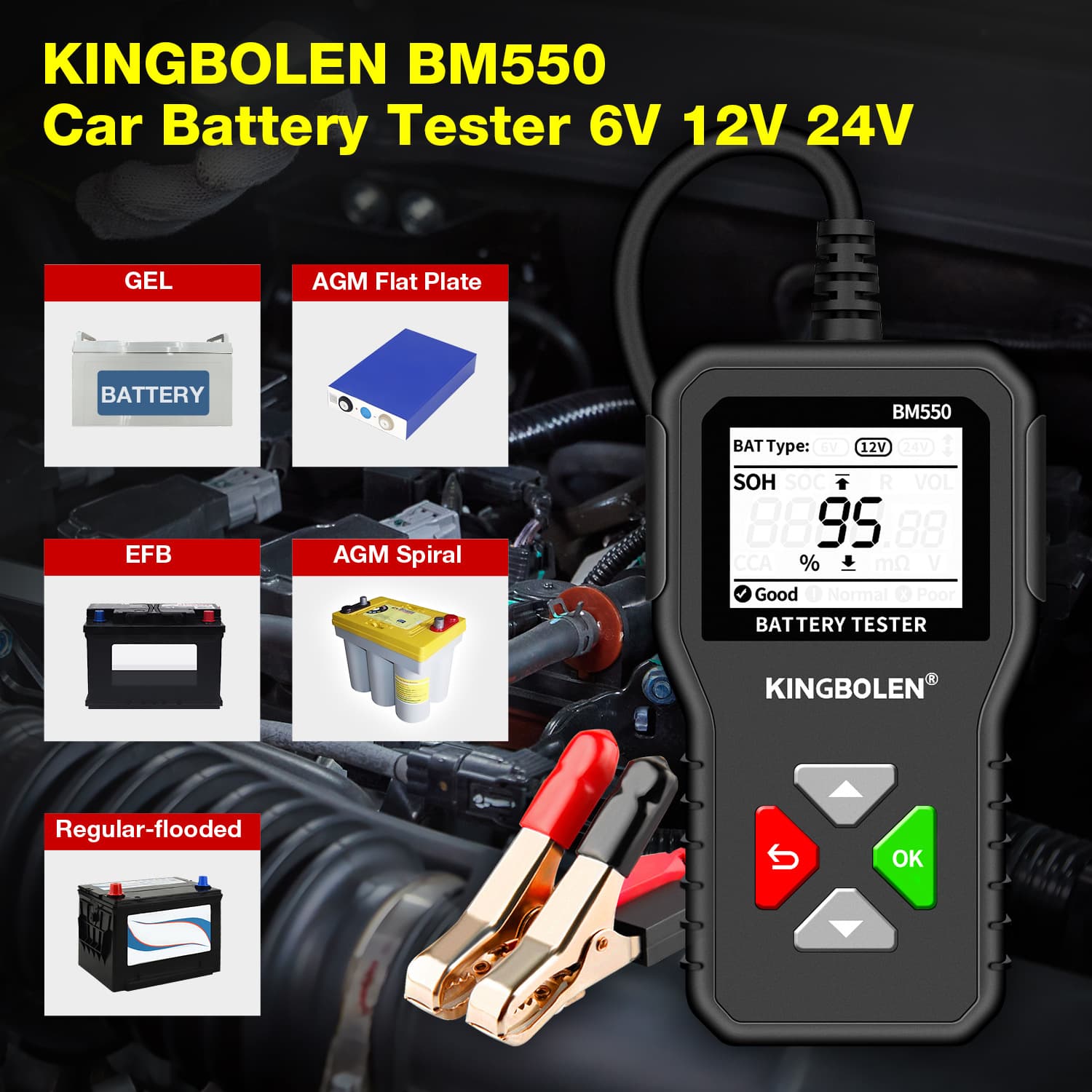 BM550 Automobile Motorcycle Electric Vehicle 6V12V24V Multifunctional Intelligent Digital Display Professional Battery Test and Diagnosis