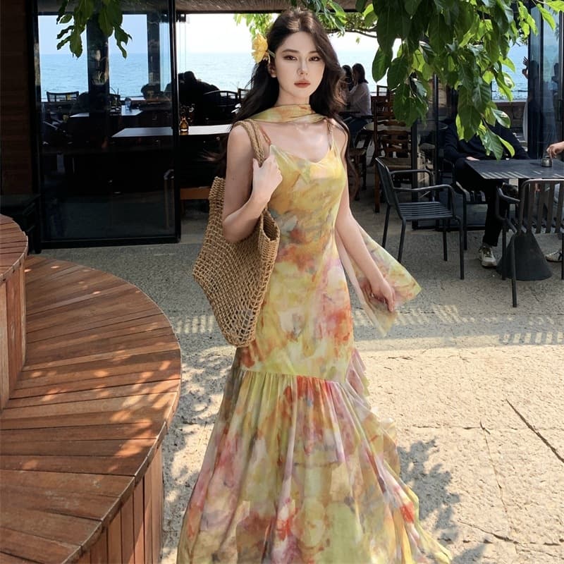 Bohemian Stretch Mesh Tie-Dye Slim Fit Camisole Dress Artistic Oil Painting Maxi Dress Beach Vacation Dress