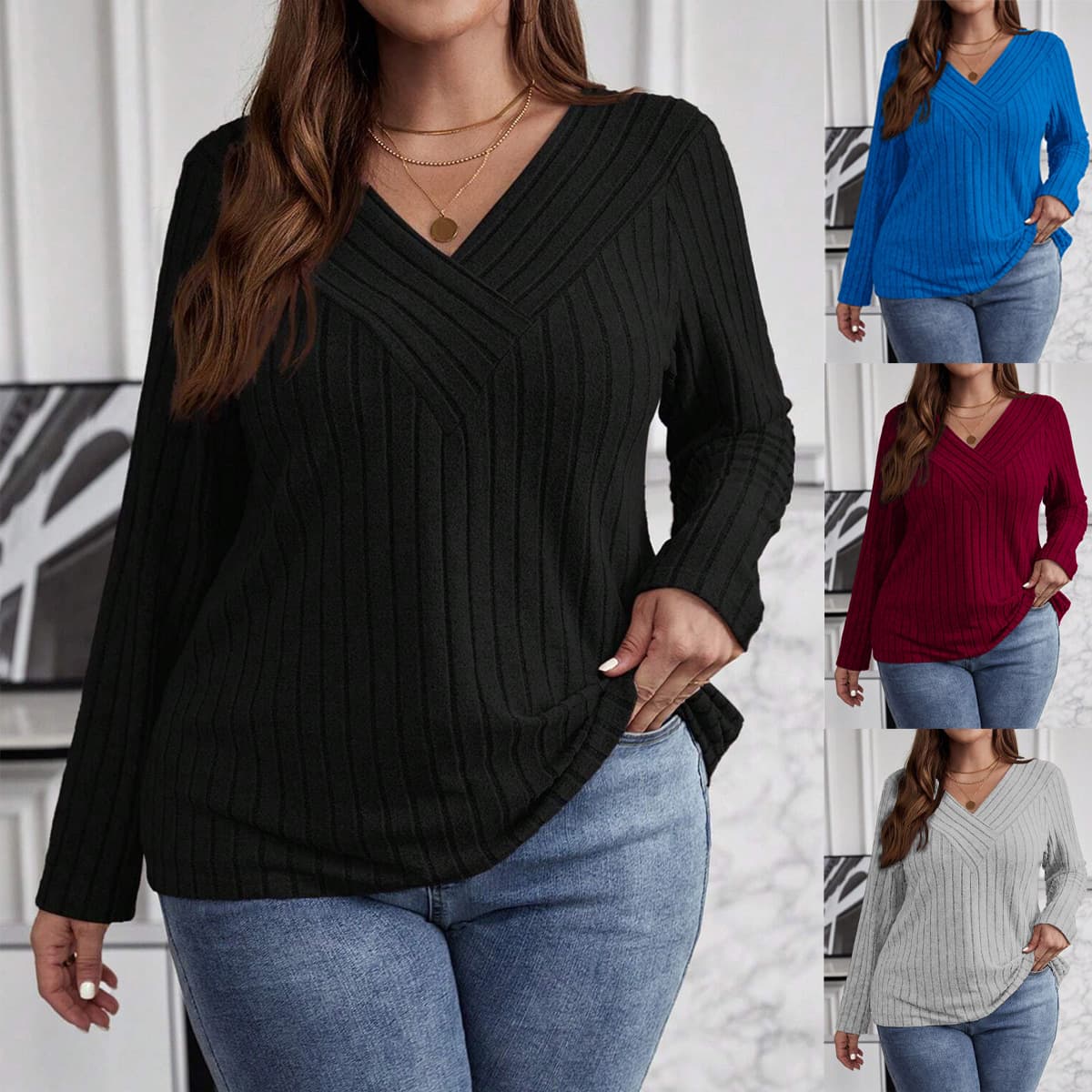 2025 Amazon Spring New Arrival Cross-Border Foreign Trade European and American Style Long-Sleeved Brushed Ribbed Cross V-Neck Top