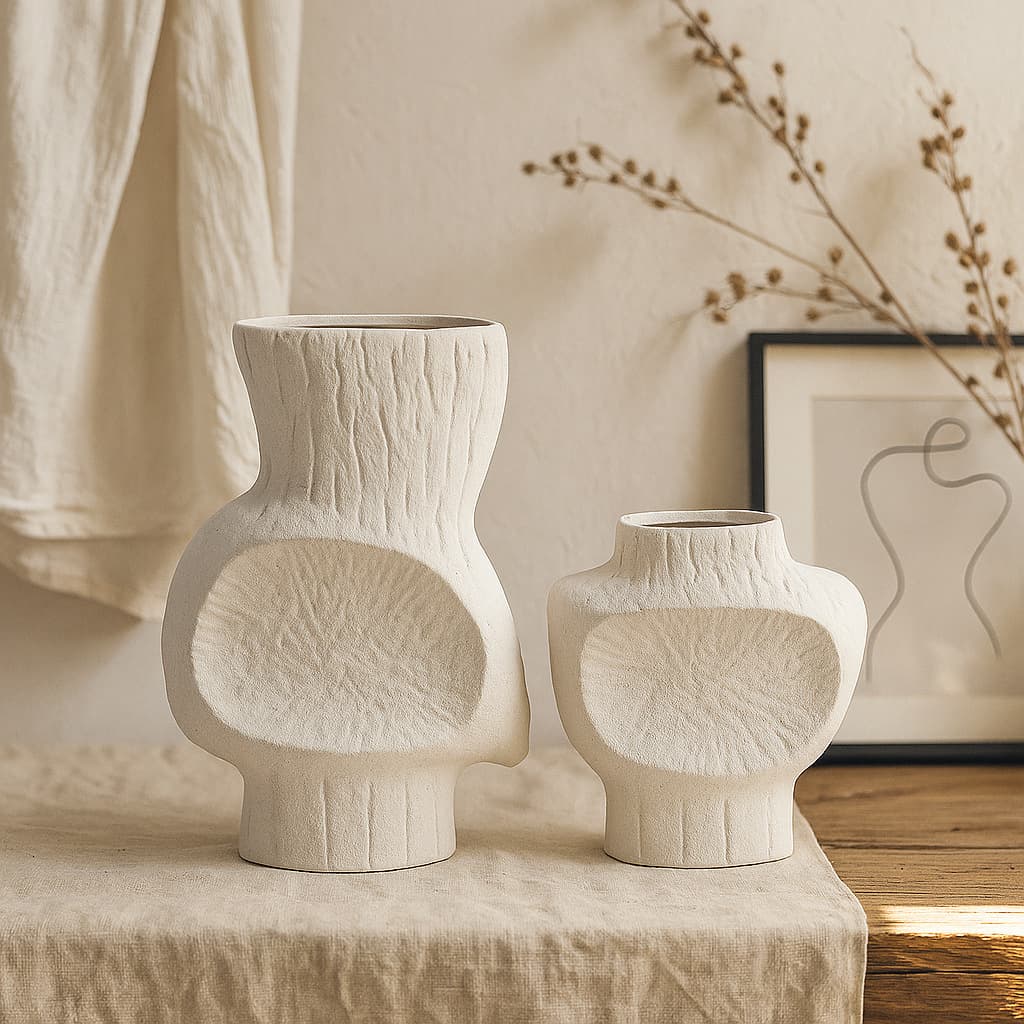 Nordic Creative Ceramic Stone Round Flat Vase Decorative Ornament for Study, Hotel, Entryway Home Decor