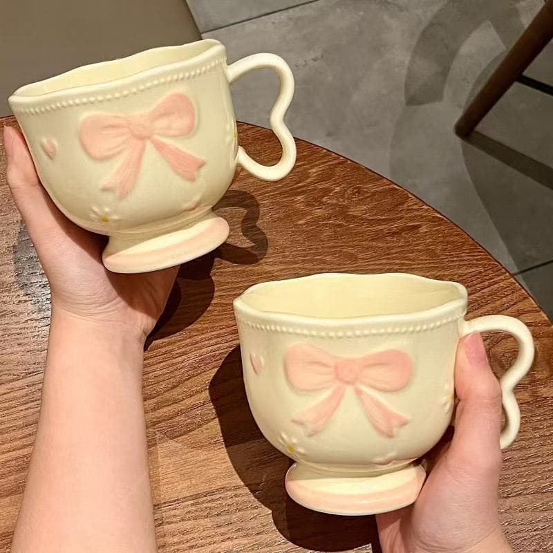 Girl's French Relief Bow Underglaze Ceramic Cup High Appearance Office Home Milk Breakfast Cup