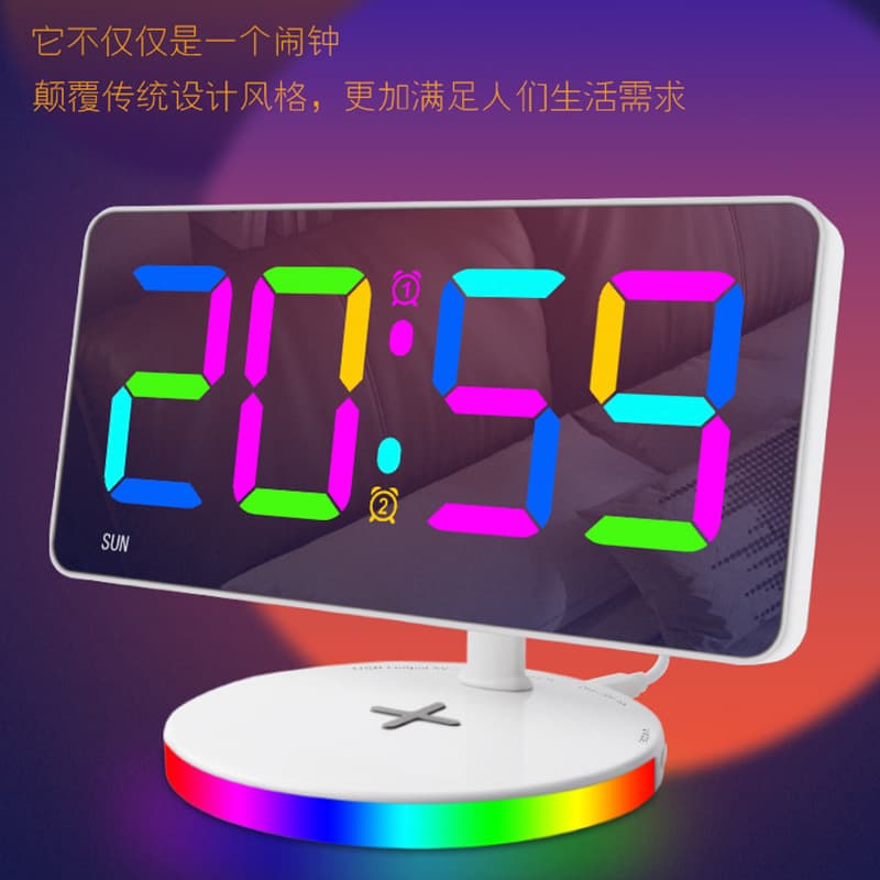New Colorful RGB Large Screen Mirror Alarm Clock with Wireless Charging Night Light LED Digital Clock Desktop Electronic Desk Clock