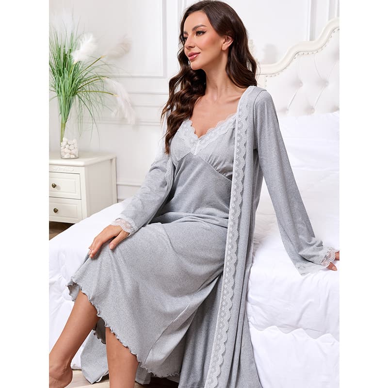 European and American Cross-Border Pure Desire Style Milk Silk Nightgown Robe Lace Sexy Women's Pajama Bathrobe Two-Piece Set Wholesale