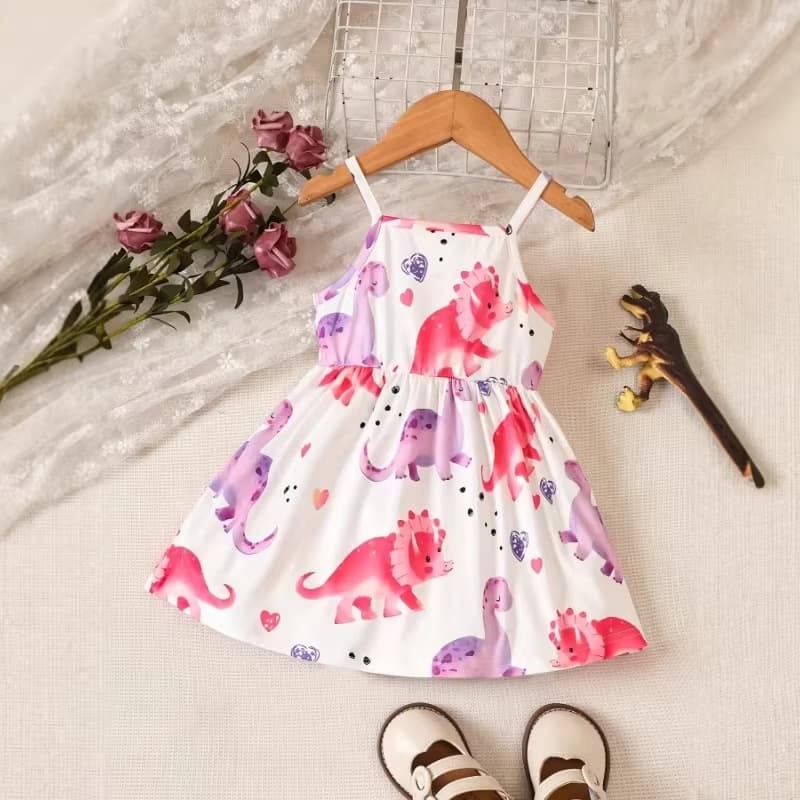 New Summer Girls' Sleeveless Dress with Cartoon Dinosaur Print, Korean Style Baby Summer Sleeveless Dress