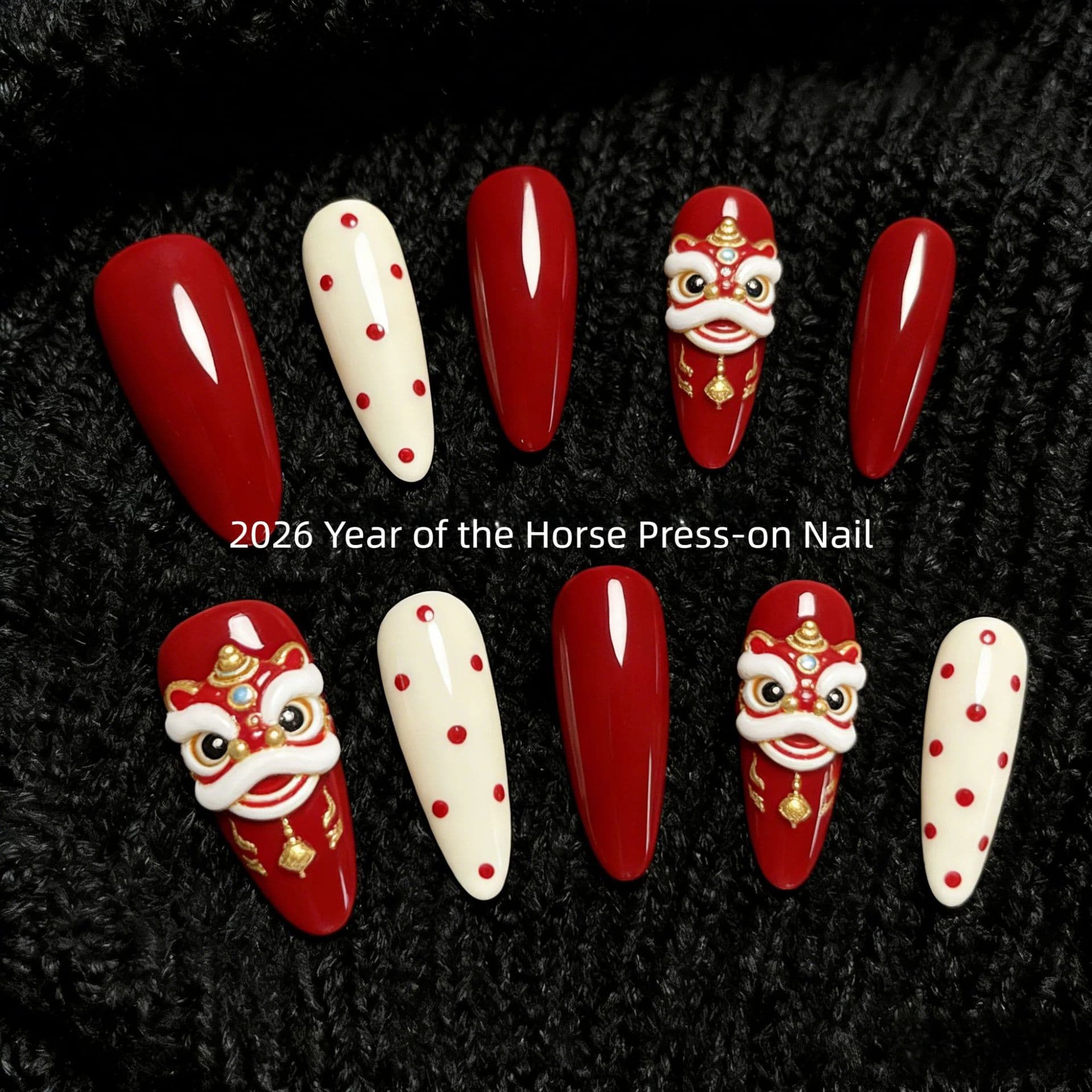 New Year's manicure, high-end red lion polka dot light luxury patch, long wearable nail patch, foreign trade boutique D-made